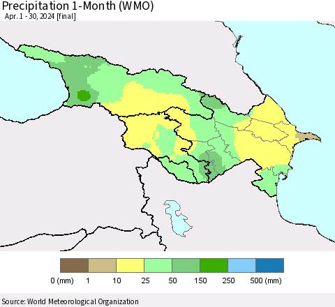 Azerbaijan, Armenia and Georgia Precipitation 1-Month (WMO) Thematic Map For 4/1/2024 - 4/30/2024
