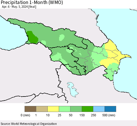 Azerbaijan, Armenia and Georgia Precipitation 1-Month (WMO) Thematic Map For 4/6/2024 - 5/5/2024