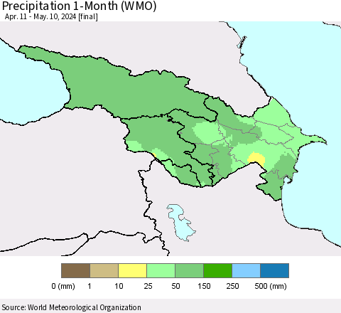 Azerbaijan, Armenia and Georgia Precipitation 1-Month (WMO) Thematic Map For 4/11/2024 - 5/10/2024