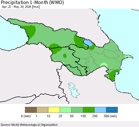 Azerbaijan, Armenia and Georgia Precipitation 1-Month (WMO) Thematic Map For 4/21/2024 - 5/20/2024