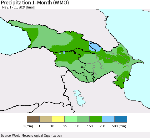 Azerbaijan, Armenia and Georgia Precipitation 1-Month (WMO) Thematic Map For 5/1/2024 - 5/31/2024