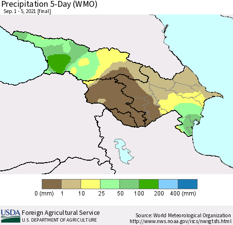 Azerbaijan, Armenia and Georgia Precipitation 5-Day (WMO) Thematic Map For 9/1/2021 - 9/5/2021