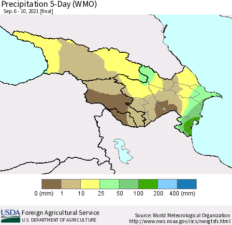 Azerbaijan, Armenia and Georgia Precipitation 5-Day (WMO) Thematic Map For 9/6/2021 - 9/10/2021