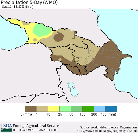 Azerbaijan, Armenia and Georgia Precipitation 5-Day (WMO) Thematic Map For 9/11/2021 - 9/15/2021