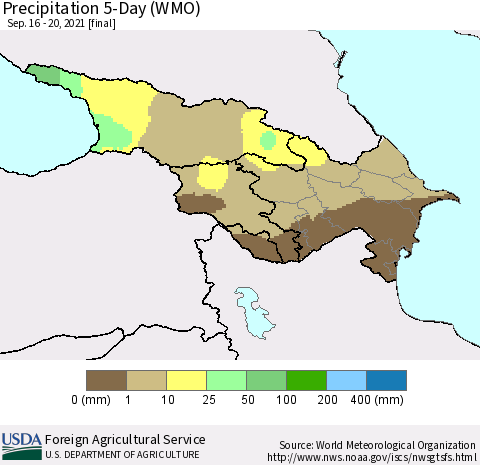Azerbaijan, Armenia and Georgia Precipitation 5-Day (WMO) Thematic Map For 9/16/2021 - 9/20/2021