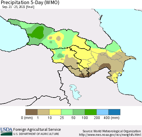 Azerbaijan, Armenia and Georgia Precipitation 5-Day (WMO) Thematic Map For 9/21/2021 - 9/25/2021