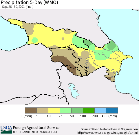 Azerbaijan, Armenia and Georgia Precipitation 5-Day (WMO) Thematic Map For 9/26/2021 - 9/30/2021