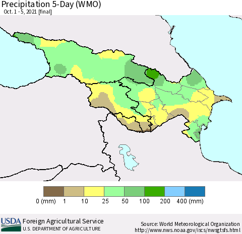 Azerbaijan, Armenia and Georgia Precipitation 5-Day (WMO) Thematic Map For 10/1/2021 - 10/5/2021