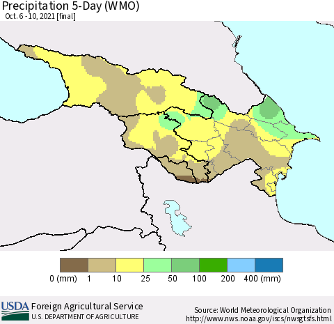 Azerbaijan, Armenia and Georgia Precipitation 5-Day (WMO) Thematic Map For 10/6/2021 - 10/10/2021