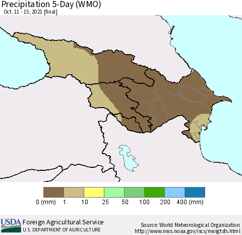 Azerbaijan, Armenia and Georgia Precipitation 5-Day (WMO) Thematic Map For 10/11/2021 - 10/15/2021
