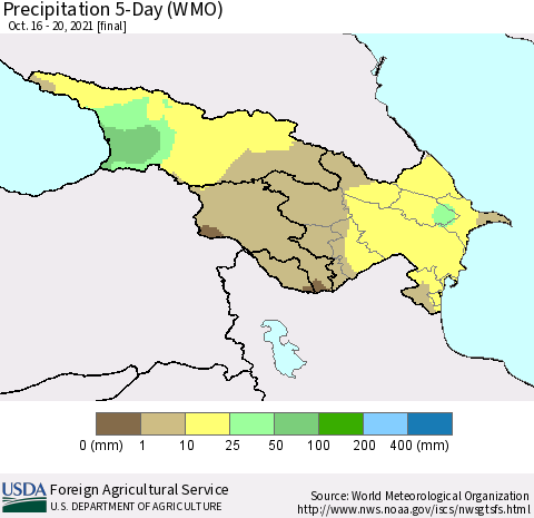 Azerbaijan, Armenia and Georgia Precipitation 5-Day (WMO) Thematic Map For 10/16/2021 - 10/20/2021