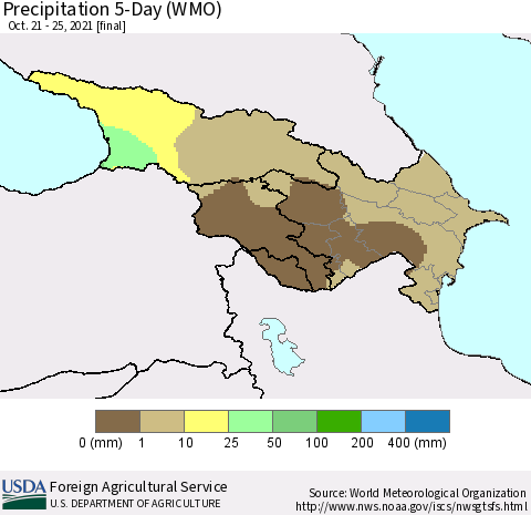 Azerbaijan, Armenia and Georgia Precipitation 5-Day (WMO) Thematic Map For 10/21/2021 - 10/25/2021