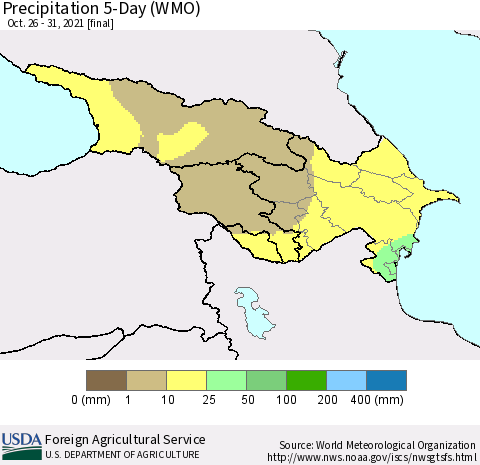 Azerbaijan, Armenia and Georgia Precipitation 5-Day (WMO) Thematic Map For 10/26/2021 - 10/31/2021