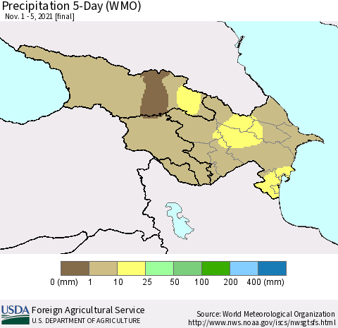 Azerbaijan, Armenia and Georgia Precipitation 5-Day (WMO) Thematic Map For 11/1/2021 - 11/5/2021