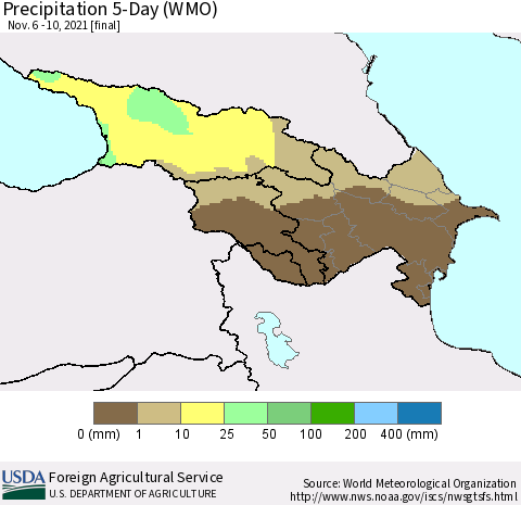 Azerbaijan, Armenia and Georgia Precipitation 5-Day (WMO) Thematic Map For 11/6/2021 - 11/10/2021