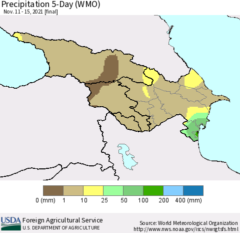 Azerbaijan, Armenia and Georgia Precipitation 5-Day (WMO) Thematic Map For 11/11/2021 - 11/15/2021
