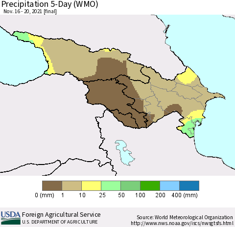Azerbaijan, Armenia and Georgia Precipitation 5-Day (WMO) Thematic Map For 11/16/2021 - 11/20/2021