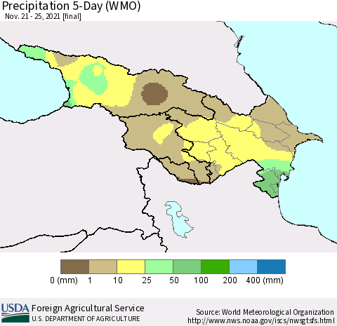 Azerbaijan, Armenia and Georgia Precipitation 5-Day (WMO) Thematic Map For 11/21/2021 - 11/25/2021