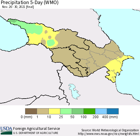 Azerbaijan, Armenia and Georgia Precipitation 5-Day (WMO) Thematic Map For 11/26/2021 - 11/30/2021