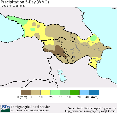 Azerbaijan, Armenia and Georgia Precipitation 5-Day (WMO) Thematic Map For 12/1/2021 - 12/5/2021