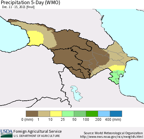 Azerbaijan, Armenia and Georgia Precipitation 5-Day (WMO) Thematic Map For 12/11/2021 - 12/15/2021