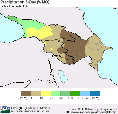 Azerbaijan, Armenia and Georgia Precipitation 5-Day (WMO) Thematic Map For 12/16/2021 - 12/20/2021