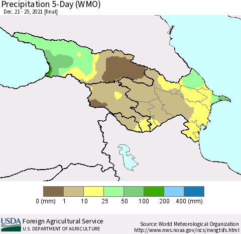 Azerbaijan, Armenia and Georgia Precipitation 5-Day (WMO) Thematic Map For 12/21/2021 - 12/25/2021