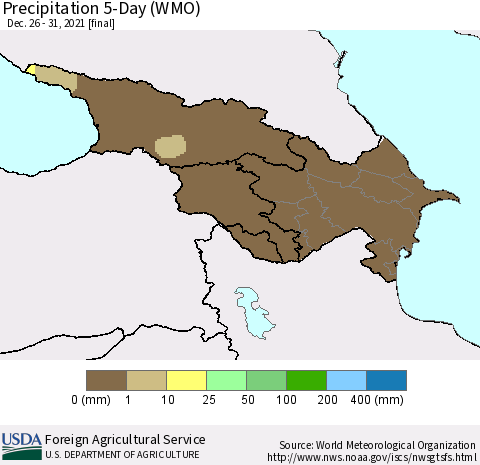 Azerbaijan, Armenia and Georgia Precipitation 5-Day (WMO) Thematic Map For 12/26/2021 - 12/31/2021