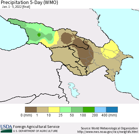 Azerbaijan, Armenia and Georgia Precipitation 5-Day (WMO) Thematic Map For 1/1/2022 - 1/5/2022