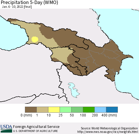 Azerbaijan, Armenia and Georgia Precipitation 5-Day (WMO) Thematic Map For 1/6/2022 - 1/10/2022