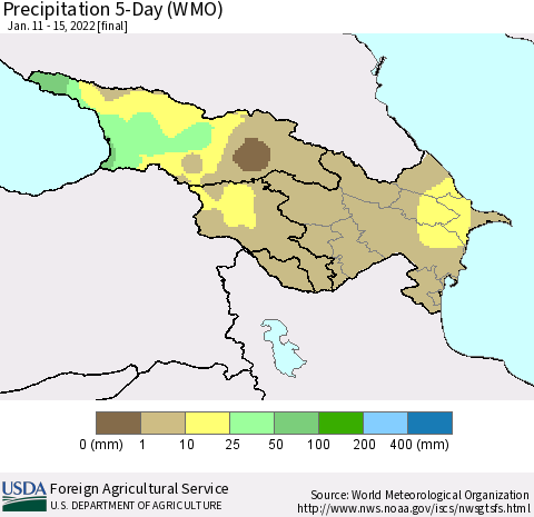 Azerbaijan, Armenia and Georgia Precipitation 5-Day (WMO) Thematic Map For 1/11/2022 - 1/15/2022