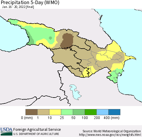 Azerbaijan, Armenia and Georgia Precipitation 5-Day (WMO) Thematic Map For 1/16/2022 - 1/20/2022