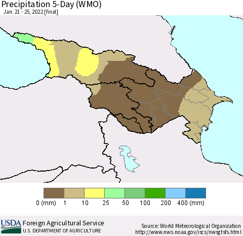 Azerbaijan, Armenia and Georgia Precipitation 5-Day (WMO) Thematic Map For 1/21/2022 - 1/25/2022