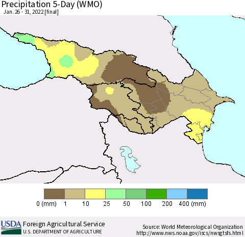 Azerbaijan, Armenia and Georgia Precipitation 5-Day (WMO) Thematic Map For 1/26/2022 - 1/31/2022