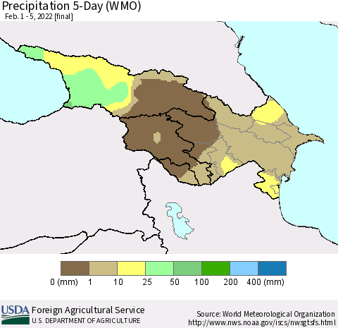 Azerbaijan, Armenia and Georgia Precipitation 5-Day (WMO) Thematic Map For 2/1/2022 - 2/5/2022