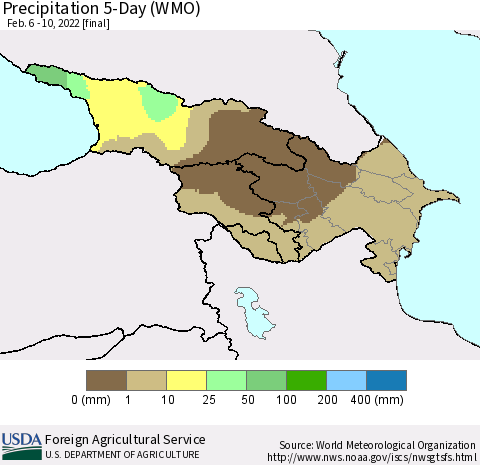 Azerbaijan, Armenia and Georgia Precipitation 5-Day (WMO) Thematic Map For 2/6/2022 - 2/10/2022