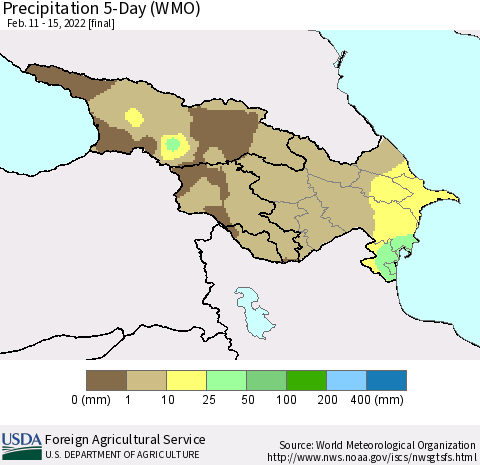 Azerbaijan, Armenia and Georgia Precipitation 5-Day (WMO) Thematic Map For 2/11/2022 - 2/15/2022