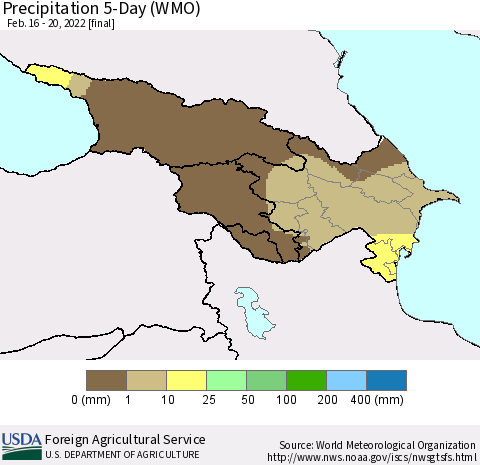 Azerbaijan, Armenia and Georgia Precipitation 5-Day (WMO) Thematic Map For 2/16/2022 - 2/20/2022