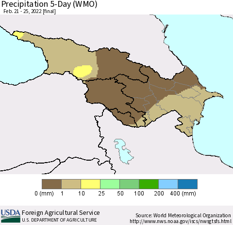 Azerbaijan, Armenia and Georgia Precipitation 5-Day (WMO) Thematic Map For 2/21/2022 - 2/25/2022