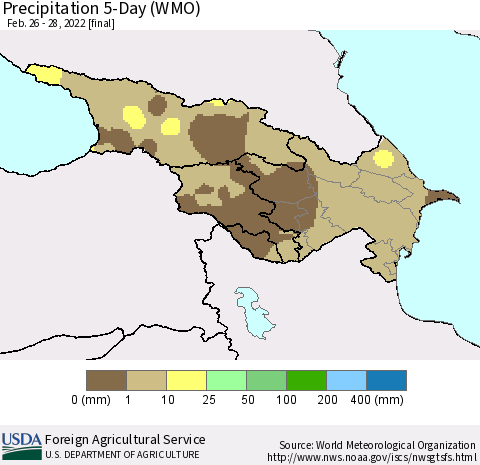 Azerbaijan, Armenia and Georgia Precipitation 5-Day (WMO) Thematic Map For 2/26/2022 - 2/28/2022