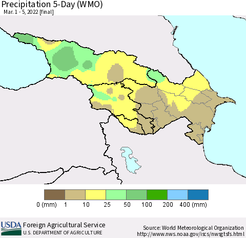Azerbaijan, Armenia and Georgia Precipitation 5-Day (WMO) Thematic Map For 3/1/2022 - 3/5/2022