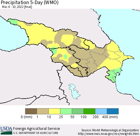 Azerbaijan, Armenia and Georgia Precipitation 5-Day (WMO) Thematic Map For 3/6/2022 - 3/10/2022