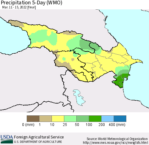 Azerbaijan, Armenia and Georgia Precipitation 5-Day (WMO) Thematic Map For 3/11/2022 - 3/15/2022