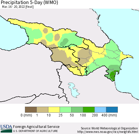 Azerbaijan, Armenia and Georgia Precipitation 5-Day (WMO) Thematic Map For 3/16/2022 - 3/20/2022