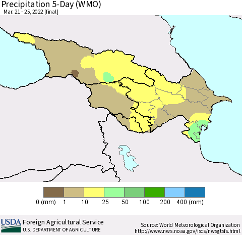 Azerbaijan, Armenia and Georgia Precipitation 5-Day (WMO) Thematic Map For 3/21/2022 - 3/25/2022