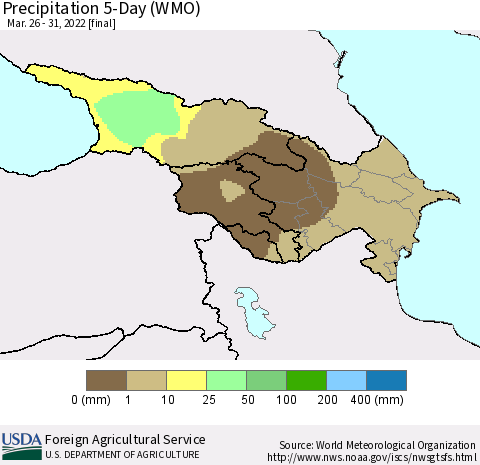 Azerbaijan, Armenia and Georgia Precipitation 5-Day (WMO) Thematic Map For 3/26/2022 - 3/31/2022