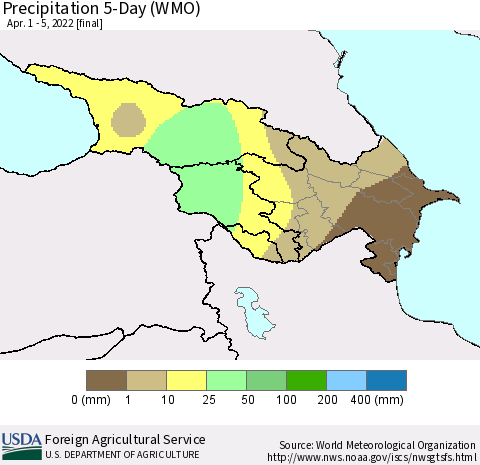 Azerbaijan, Armenia and Georgia Precipitation 5-Day (WMO) Thematic Map For 4/1/2022 - 4/5/2022