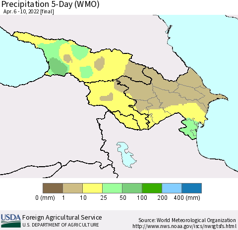 Azerbaijan, Armenia and Georgia Precipitation 5-Day (WMO) Thematic Map For 4/6/2022 - 4/10/2022