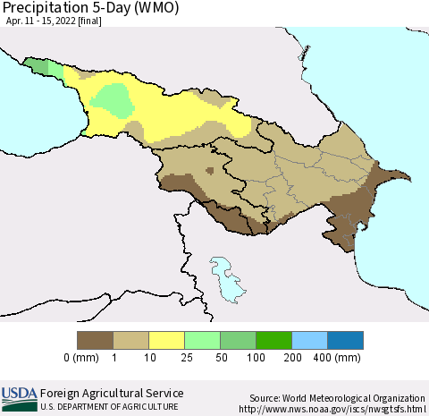 Azerbaijan, Armenia and Georgia Precipitation 5-Day (WMO) Thematic Map For 4/11/2022 - 4/15/2022