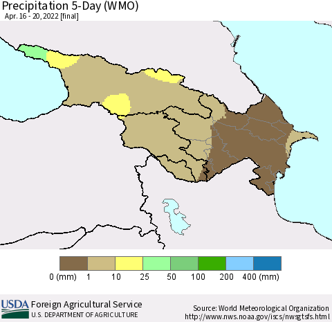 Azerbaijan, Armenia and Georgia Precipitation 5-Day (WMO) Thematic Map For 4/16/2022 - 4/20/2022